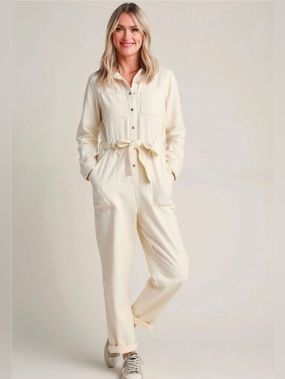 Skies Are Blue Jumpsuit Off White Cream Medium Straight Leg 100% CottonEUC